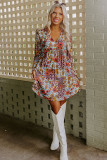 Sky Blue Floral V Neck Empire Waist Babydoll Dress