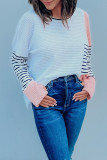 Colorblock Striped Splicing Waffle Knit Long Sleeve Top