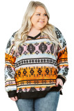 Multicolor V Neck Drop-Shoulder Sleeve Aztec Print Plus Size Top