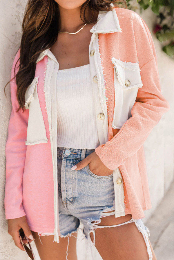Pink Contrast Patch Pocket Distressed Knit Shacket