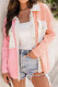 Pink Contrast Patch Pocket Distressed Knit Shacket