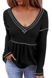 Black V Neck Long Sleeve Colorblock Waffle Babydoll Top