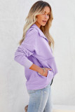 Purple Solid Color Zip Collar Sweatshirt with Pockets