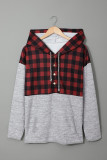 Red Plaid Splicing Pocketed Gray Hoodie