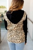 Leopard Print Stitching Half Zip Kangaroo Pocket Drawstring Hoodie