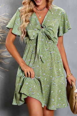 Geen Floral Print Tie Knot Ruffled Short Sleeve Mini Dress