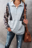 Gray Pocketed Half Zip Leopard Pullover Sweatshirt