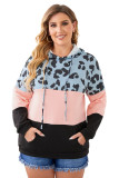 Plus Size Leopard Colorblock Splicing Hoodie with Pocket