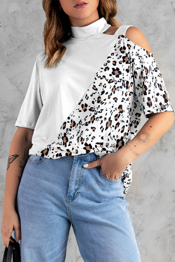 White Asymmetric Cold Shoulder Mock Neck Leopard Colorblock Top