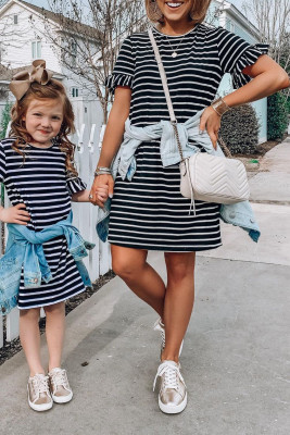 Family Matching Girls' Striped T-shirt Mini Dress with Ruffled Sleeves