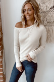 Beige Knit One Shoulder Long Sleeve Pullover Top
