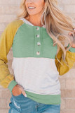 Yellow Colorblock Button Accent Pullover Hoodie