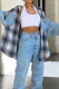 Plaid Patchwork Pockets Button Denim Jacket