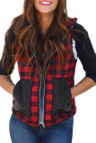 Buffalo Plaid Splicing Pocket Zipper Hooded Vest Coat