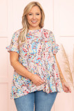 Pink Floral Print Tiered Ruffled Plus Size Blouse