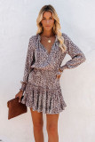 Leopard V Neck Long Sleeve Tie Waist Mini Dress