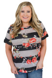 Gray Plus Size Striped Floral Short Sleeve Top