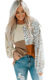 Khaki Leopard Patchwork Color Block Ribbed Long Sleeve Top