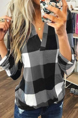 Gray Contrast Plaid V Neck Long Sleeve Top