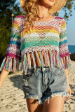 Color Striped Hollow Out Knitted Beach Ruffles Cover Up Unishe Wholesale