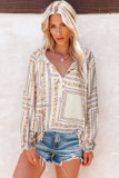 Beige V Neck Lantern Sleeve Drawstring Tribal Print Top