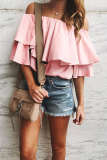 Pink Soft Breeze Frilling Off-shoulder Top