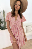 Pink Floral Print Tie Knot Ruffled Short Sleeve Mini Dress