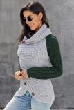 Green Button Turtle Cowl Neck Asymmetric Hem Wrap Pullover Sweater