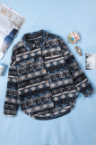 Blue Tribal Print Pocket Buttoned Sherpa Jacket