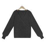 Plain Surplice V Neck Knit Sweaters