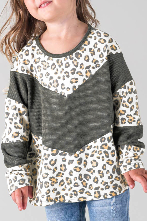 Black Kids Waffle Knit Leopard Patchwork Top