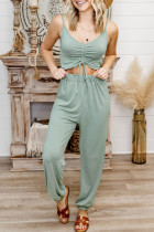 Green Ruched Front Spaghetti Strap Jumpsuit