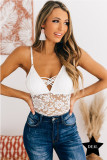 White V Neck Adjustable Straps Lace Patchwork Open Back Bodysuit