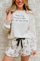 White Long Sleeve Letters Pullover and Animal Shorts Lounge Set