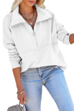 White Solid Color Zip Collar Sweatshirt with Pockets