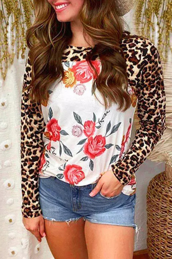 Leopard Floral Print Patchwork Long Sleeve Top