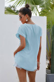 Sky Blue Short Sleeve Printed Neck Shift Blouse