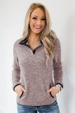 Pink Heathered Turn-down Collar Pullover Sweatshirt