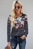 Black Floral Striped Print Long Sleeve Top