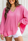 Rose Textured V Neck Drop Shoulder Loose Top
