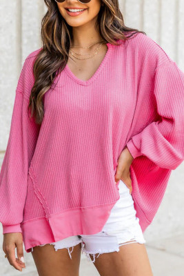 Rose Textured V Neck Drop Shoulder Loose Top