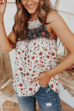 White Smocked Frilled Boho Floral Print Halter Tank Top