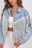 Light Blue Tassle Distressed Denim Jacket Coat
