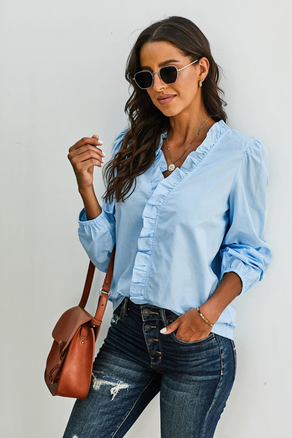 Sky Blue Long Sleeve Ruffles Casual Blouse