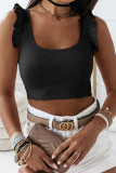 Black Ruffle Strap Ribbed Sleeveless Crop Top