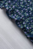 Blue Square Neck Puff Sleeve Floral Smocked Top