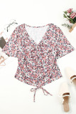 Multicolor Floral Drawstring Tie Center V Neck Blouse