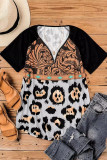 Leopard Pattern Patchwork Zip-up V Neck Short Sleeve T-shirt