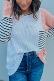 Colorblock Striped Splicing Waffle Knit Long Sleeve Top