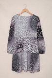 Black Leopard Buttoned Tie Waist Ruffle Puff Sleeve Mini Dress